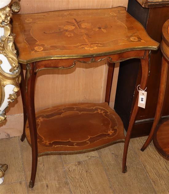 A French gilt metal mounted marquetry inlaid two tier occasional table, W.52cm D.38cm H.72cm